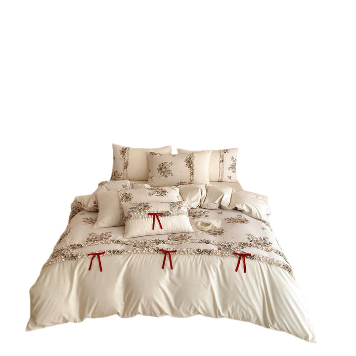 Floral Rüsch Baumwollsatin Bettbezug Set mit dekorativen Schleifen