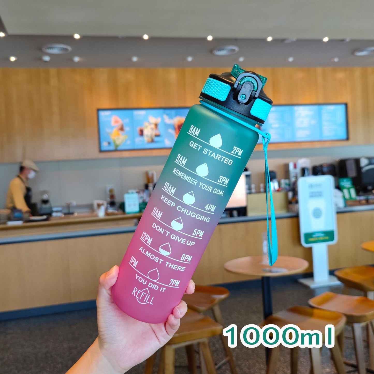 Damen motivierende Wasserflasche mit Zeitmarkierungen Karnz