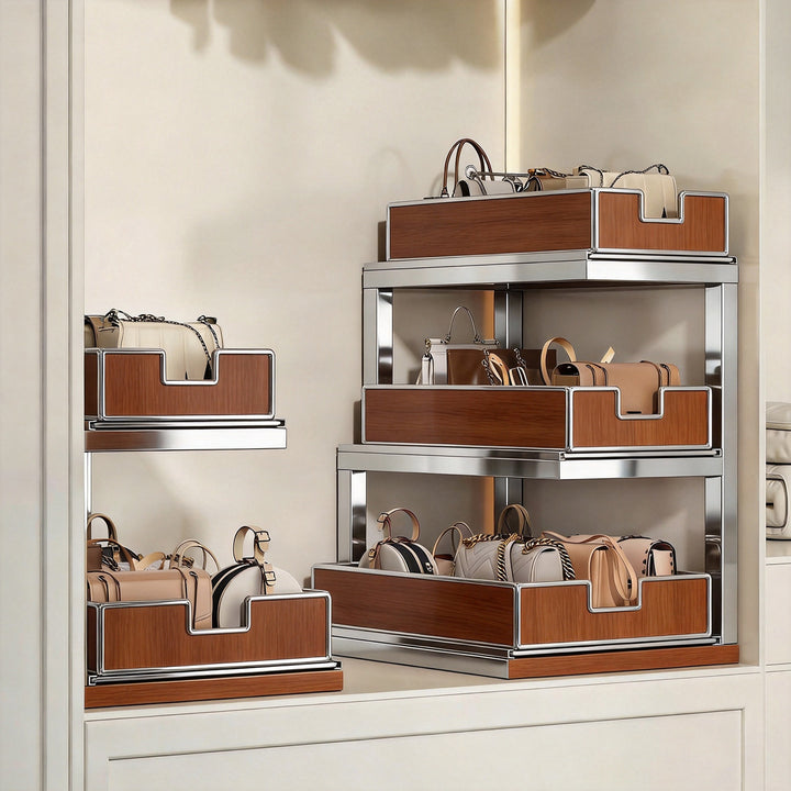 Dreiböckiger, schräger Metall-Mesh-Thekenregal-Organizer mit stapelbaren Drahtkörben