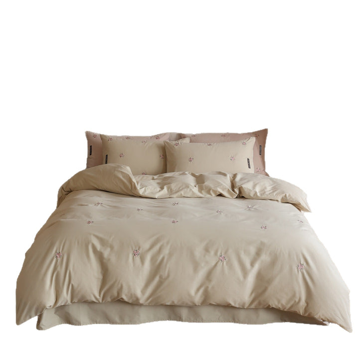 Langstapel Satin Bettbezug Set mit zartem floralem Stickmuster und Umschlag-Kissenbezügen