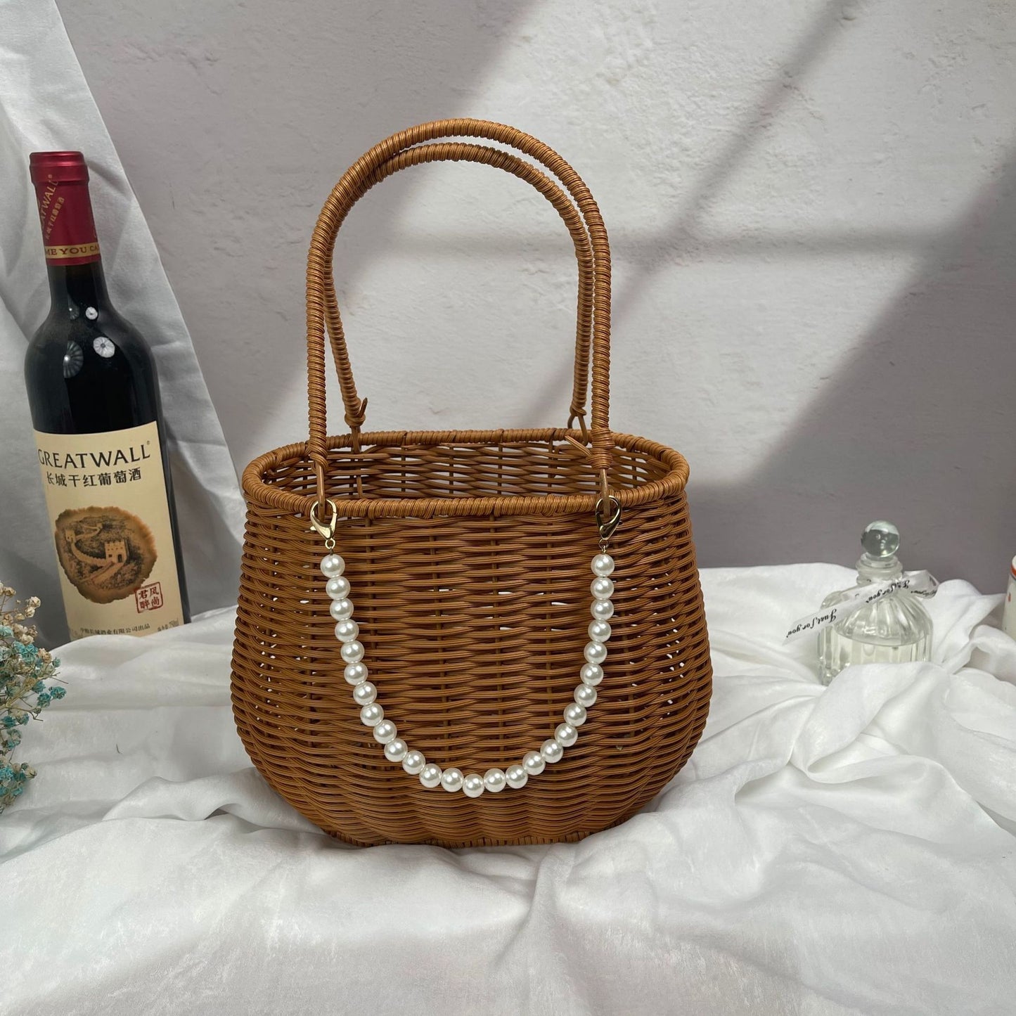 Damen modischer Rattan-Behälter mit Perlenhenkel Karnz