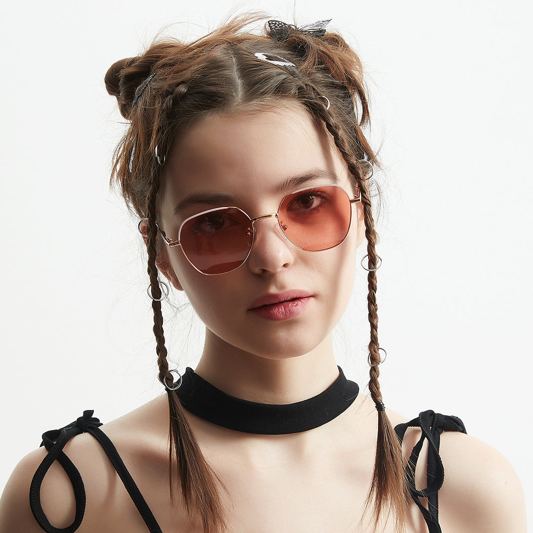 Damen modische Sonnenbrille mit schmalem Metallrahmen und blauen Gläsern Karnz