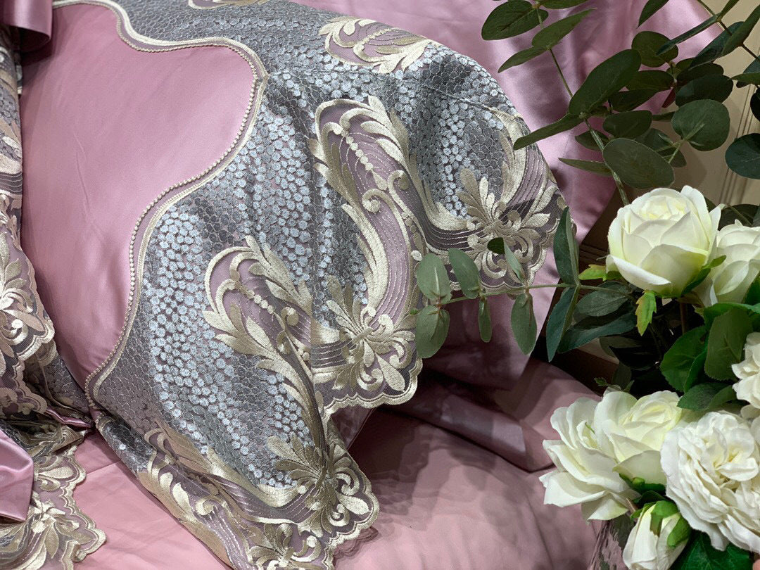 Luxuriöses Satin-ähnliches besticktes Wellen-Duvetbezug-Set mit Jacquard-Rand & Oxford-Kissenbezügen