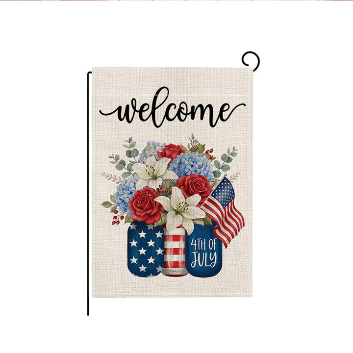 Outdoor Jute Gartenflagge mit patriotischem Fourth of July Einmachglas Blumengrussdesign