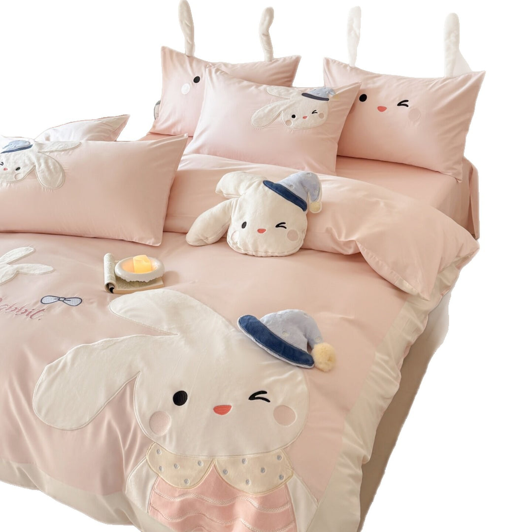 Niedliches Kaninchen besticktes Baumwollsatin Bettbezug-Set mit Plüsch-Applikationen und Ohr-Kissenbezügen