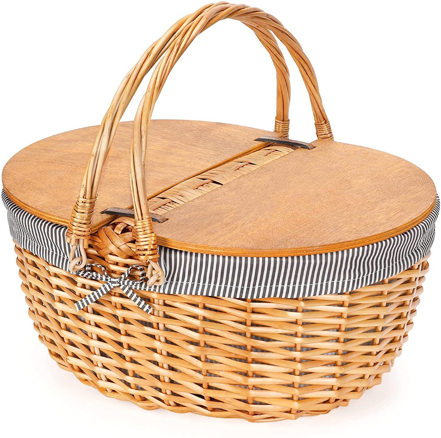 Damen Picknickkorb mit Holzdeckel und gestreiftem Futter Karnz