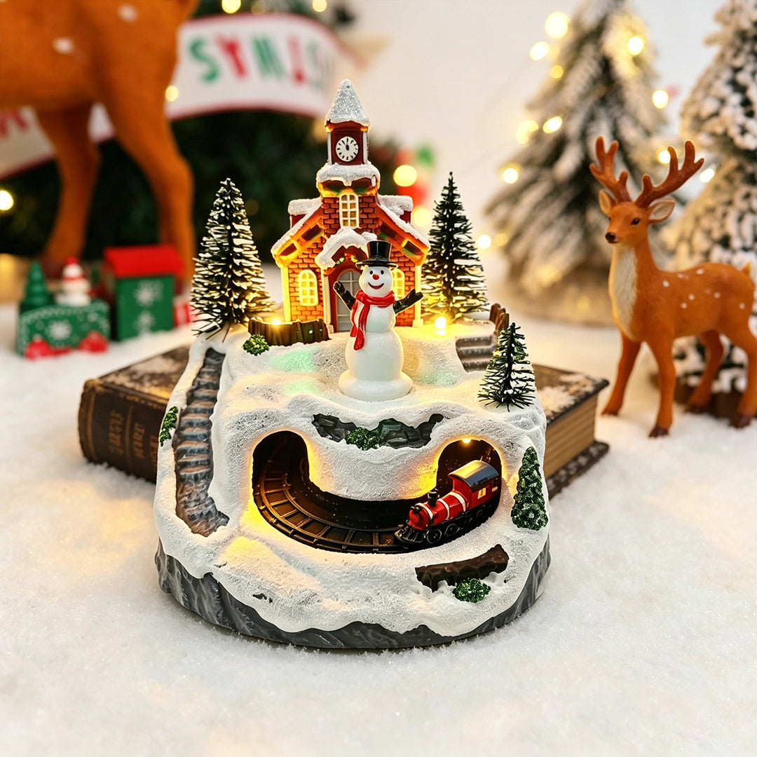Bewegliches Weihnachtsdorf mit Lichtern und Schneemann Karnz