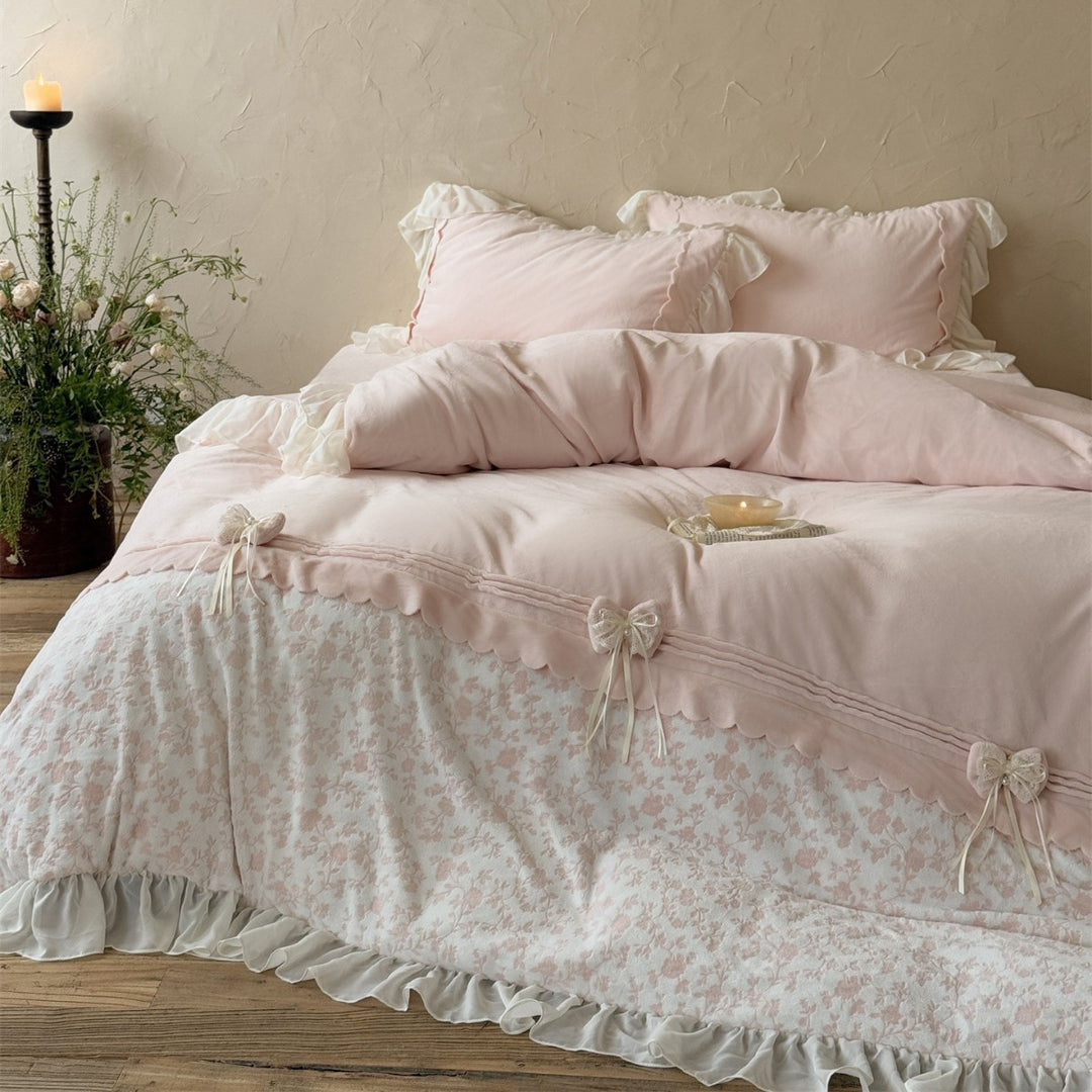 Rüschen Floral Baumwolle Bettdeckenbezug Set mit transparenter Rüschenschürze & dekorativen Schleifen