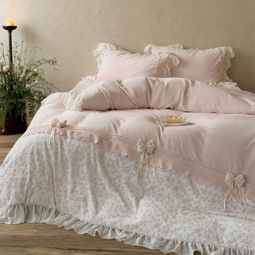 Rüschen Floral Baumwolle Bettdeckenbezug Set mit transparenter Rüschenschürze & dekorativen Schleifen