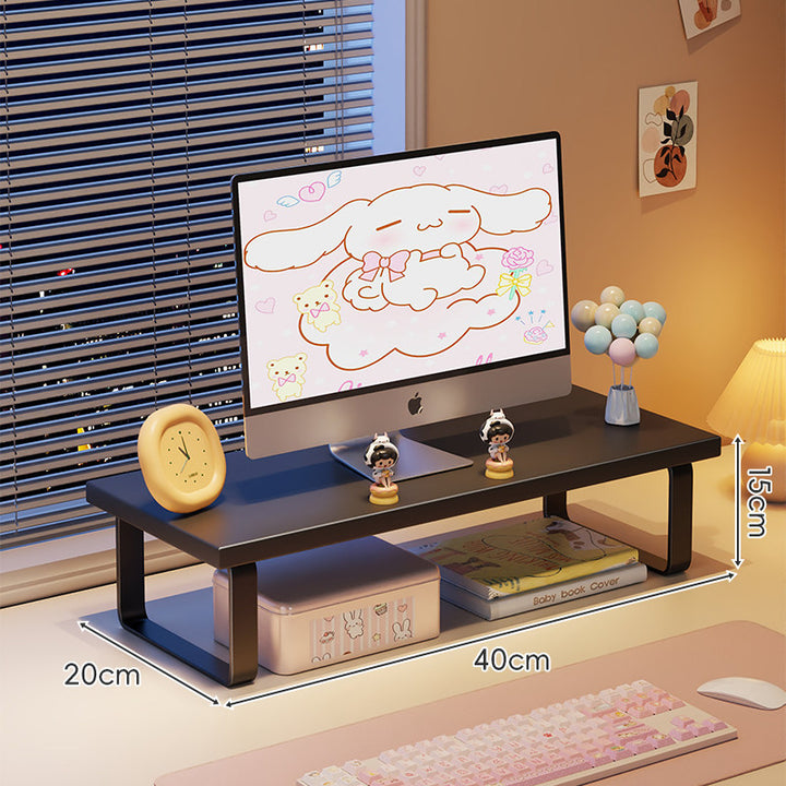 Kompakte Holz-Desktop-Monitorerhöhung mit Metallbeinen und unterer Ablagefläche