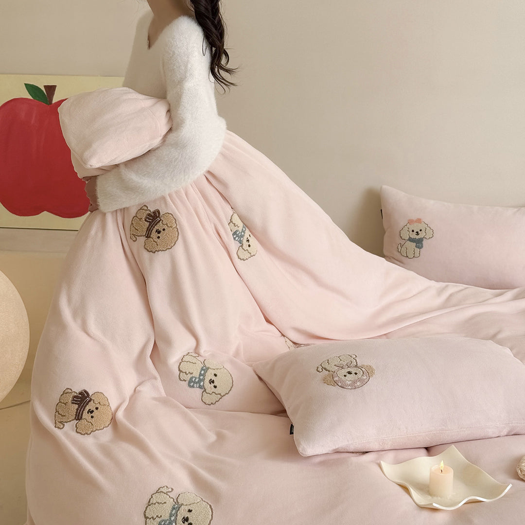 Bestickte Welpen-Motiv Baumwollsatin Bettwäsche Set