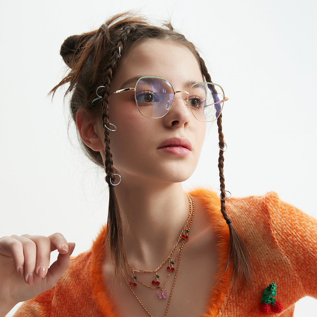 Damen modische Sonnenbrille mit schmalem Metallrahmen und blauen Gläsern Karnz