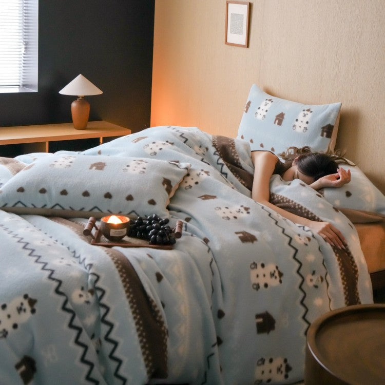 Mikrofaser-Fleece-Bettwäscheset mit Wendefunktion und winterlichem Norweger- & Schafmotiv