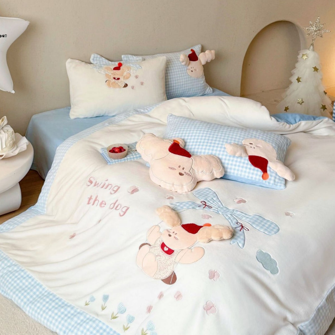 Kinder Plüsch Applikation Gingham Bettwäsche Set mit Kissenbezügen und dekorativen Plüschakzenten