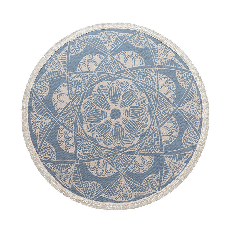 Runder gewebter Teppich mit Mandala‑Motiv, flacher Baumwoll‑Jutemix und Fransen Karnz