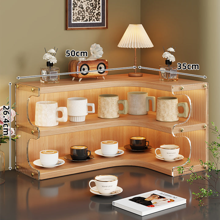 Eck-Dre tiers Holz Theke Anzeige Regal Organizer mit gebogenen Regalen und Messing Akzenten