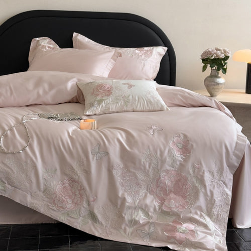 Bestickte Baumwoll-Satin Blumen- und Schmetterlings-Bettwäsche-Ensemble