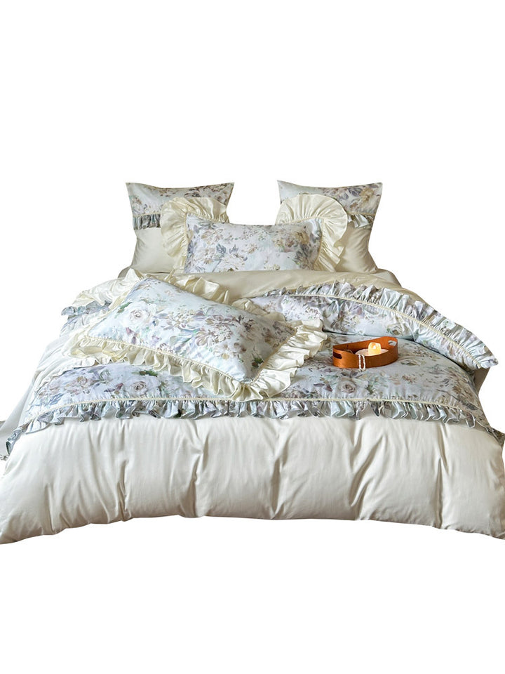 Luxuriöses Bettwäscheset mit floralem Muster, Volants und Satin-Finish