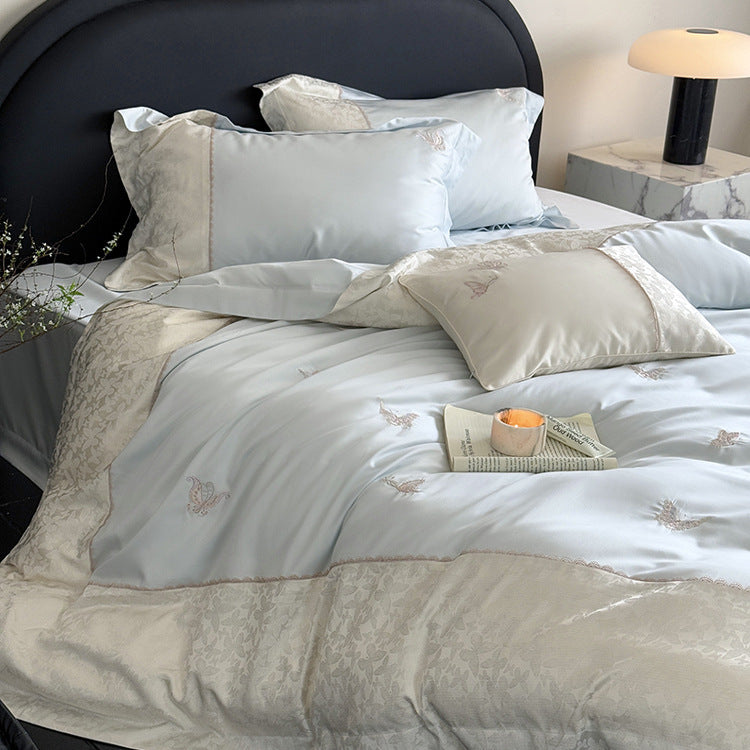 Luxe Seiden-Touch bestickte Schmetterlings-Bettwäsche-Set mit Jacquard-Rand