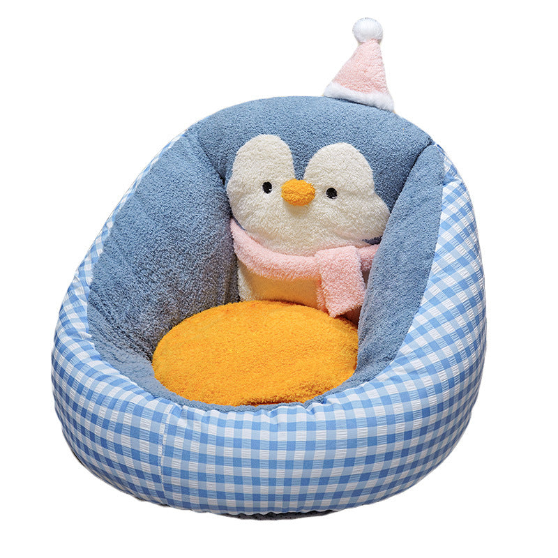 Gemütliches Haustierbett mit Plüsch-Pinguin-Rückenstütze und ergonomischem Kuschelkissen