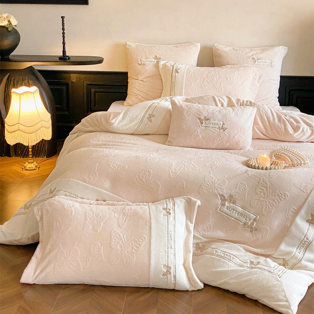 Bestickte Schmetterling Baumwoll-Leinen Bettwäsche Set mit Paspelrand und Kissenbezügen
