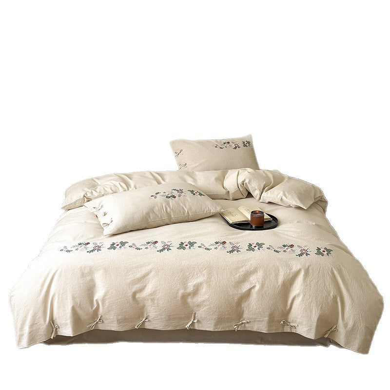 Bestickte Leinenmischung Bettwäsche Set mit gebundenem Saum und floralem Rand