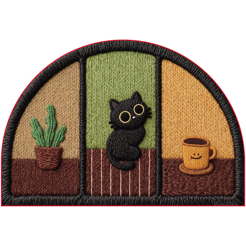 Half-Moon Embroidered Absorbent Non-Slip Entrance Doormat with Playful Cat & Coffee Motif