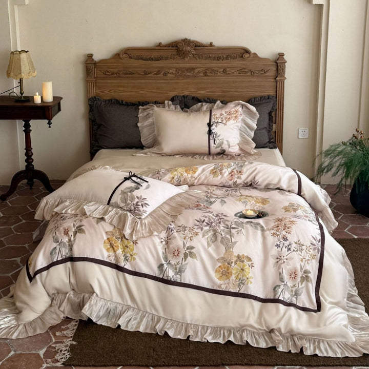 Romantisches Satin-Bettwäsche-Set mit Rüschen, Blumenstickerei und Wendefunktion
