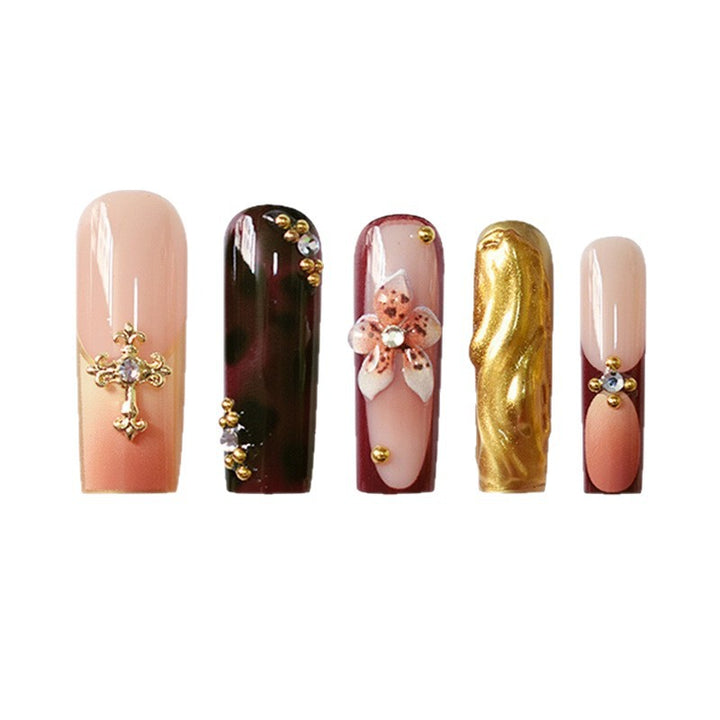 3D Blumen- und Edelstein Press-On Nagelset Karnz