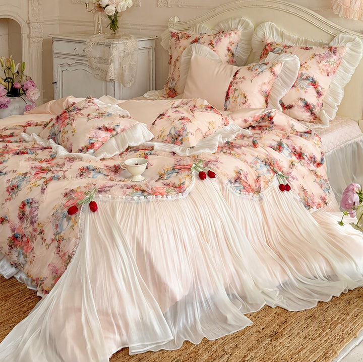Romantisches Schichten Chiffon Plissierte Bettbezug Set mit Floralen Organza Rüsche und Kissenbezüge