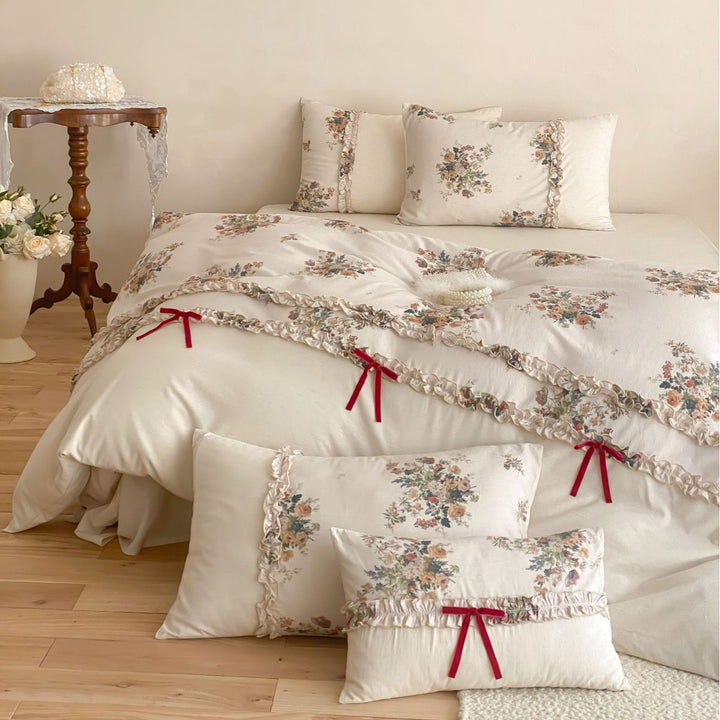 Floral Ruffled Bettbezug Set mit dekorativem Band