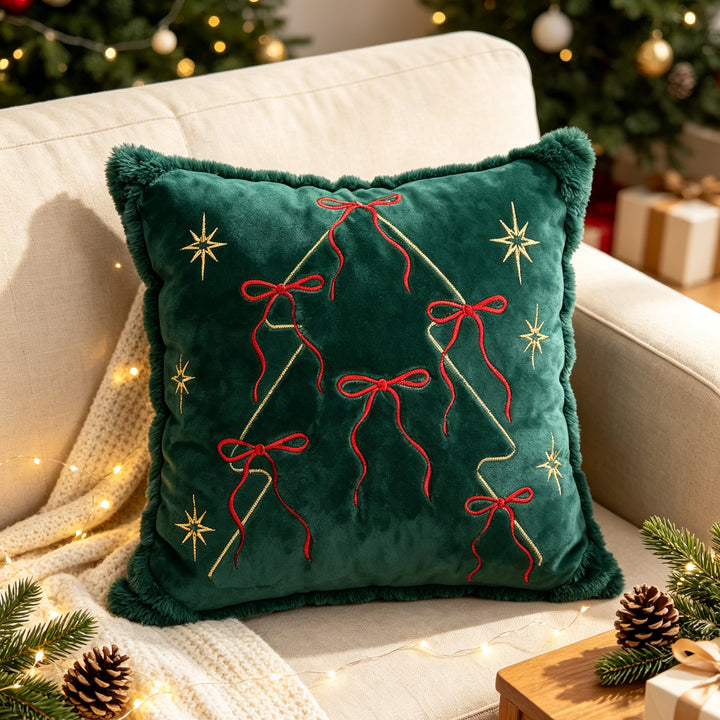 Luxuriös besticktes Samt Weihnachts-Wurfkissen mit Kunstfell-Fransen