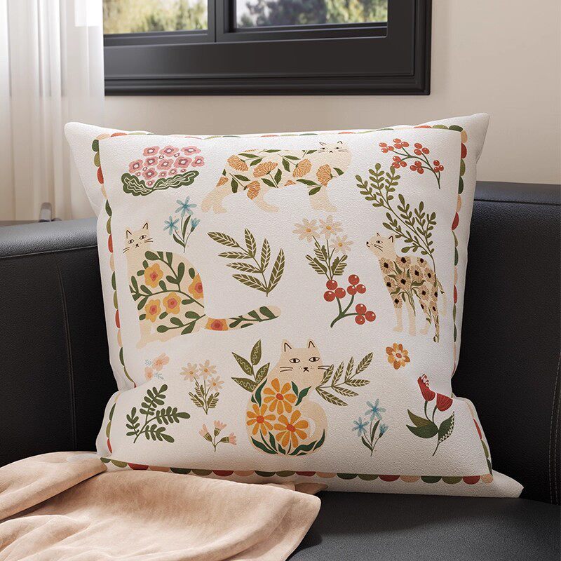 Botanical Sketch Velvet Square Throw Pillow Cover with Zebra-Trim Hidden Zipper