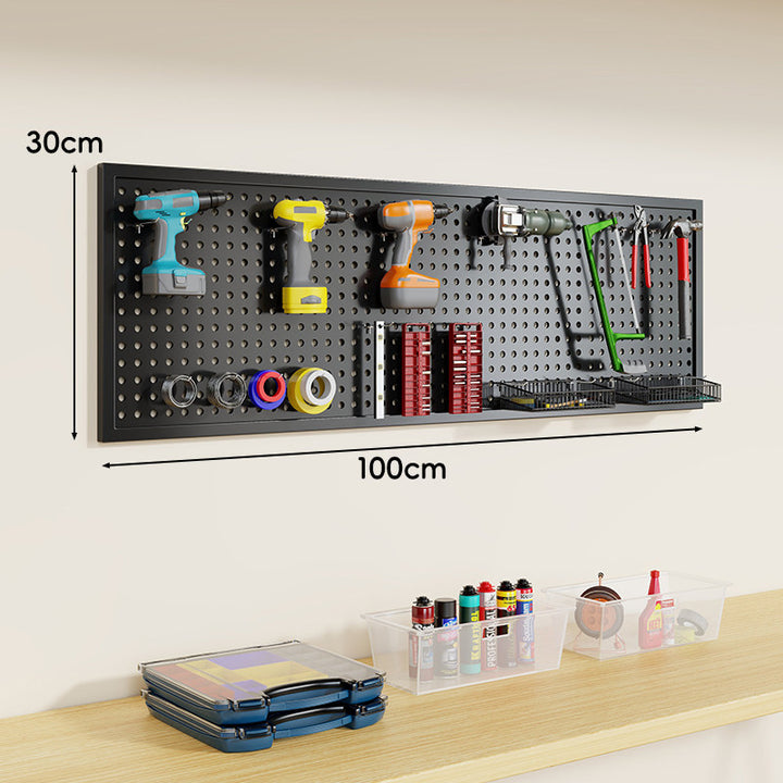 Wandmontiertes perforiertes Metall-Pegboard-Werkzeugorganisator-Panel mit modularen Haken und Aufbewahrungsbehältern