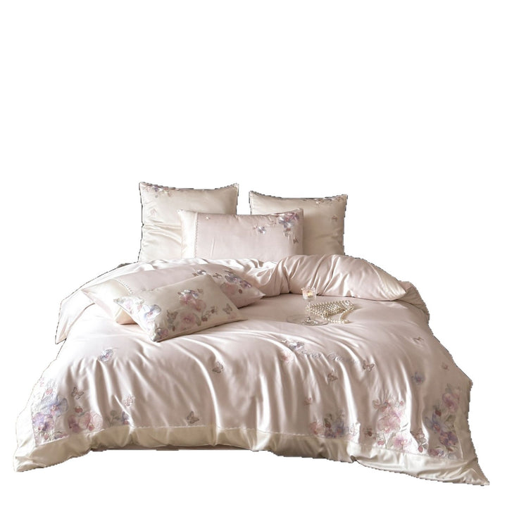 Luxuriöses Satin-Bettwäsche-Set mit floraler Stickerei und Schmetterlings-Applikation
