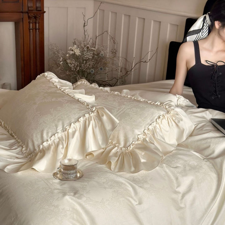 Rüsch Satin Jacquard Bettbezug Set mit gerafftem Rand und Kissenbezügen