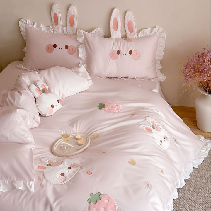 Rüschende Baumwollsateen-Kaninchen-Applikation Bettbezug-Set mit Ohr-Kissenbezügen