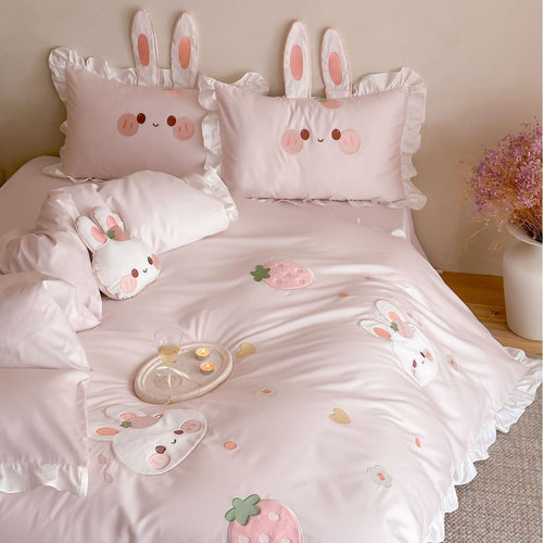 Rüschende Baumwollsateen-Kaninchen-Applikation Bettbezug-Set mit Ohr-Kissenbezügen