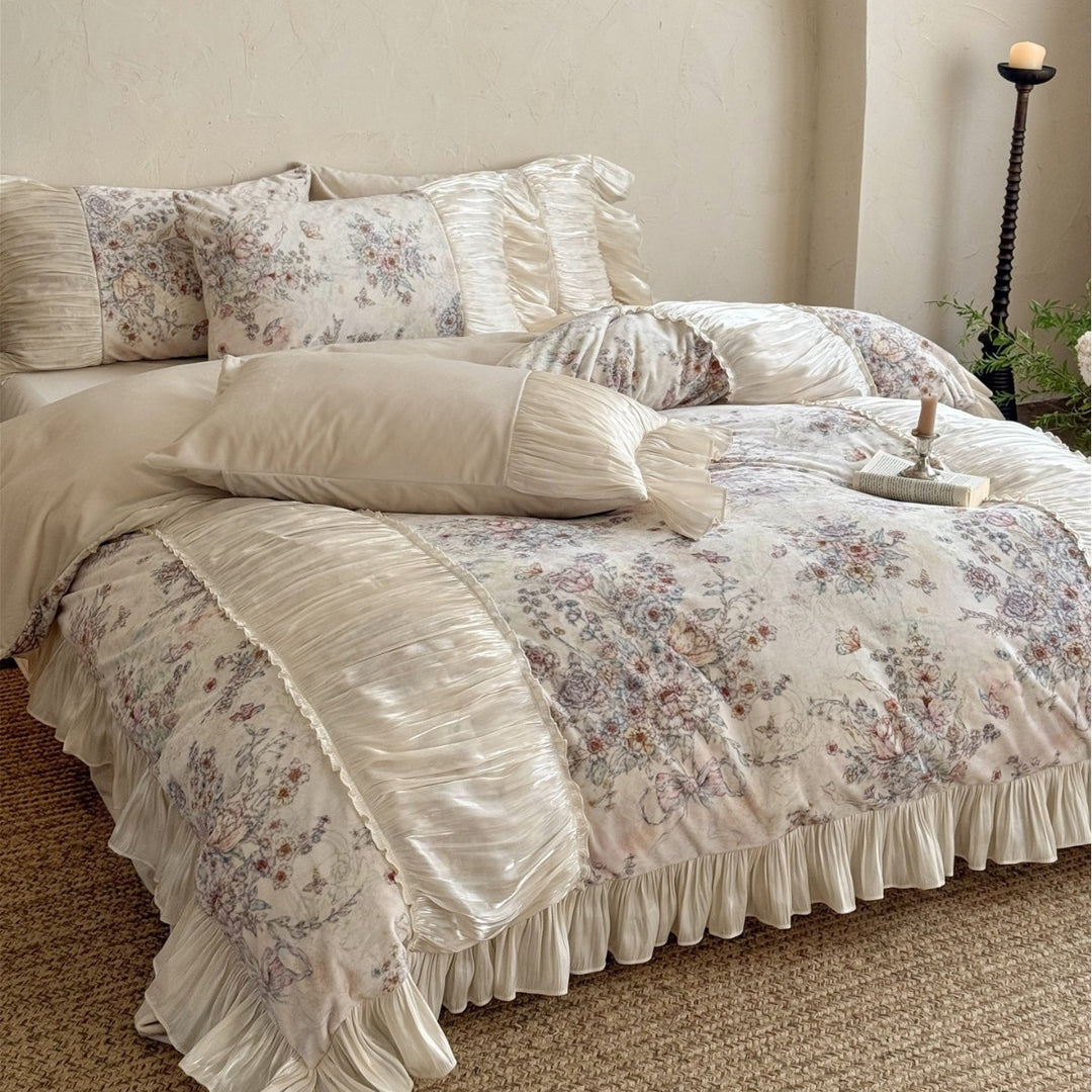 Vintage Botanische Steppdecke Set mit Falten Satin Rüsche & Euro Kissenbezüge