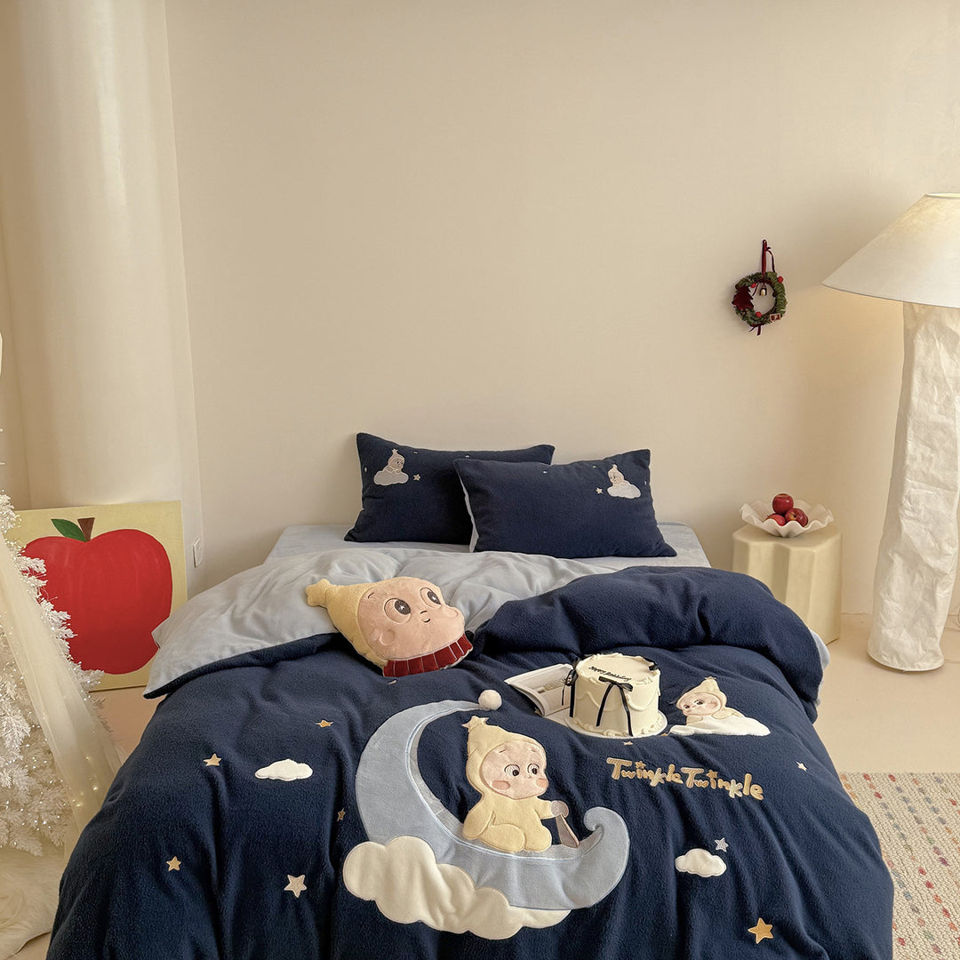 Plush Microfiber Embroidered Baby Moon Duvet Cover Set with Appliqué Pillow Shams