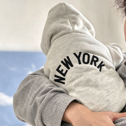 Pullover Fleece-lined Hund Hoodie mit New York Grafik und Rippbund