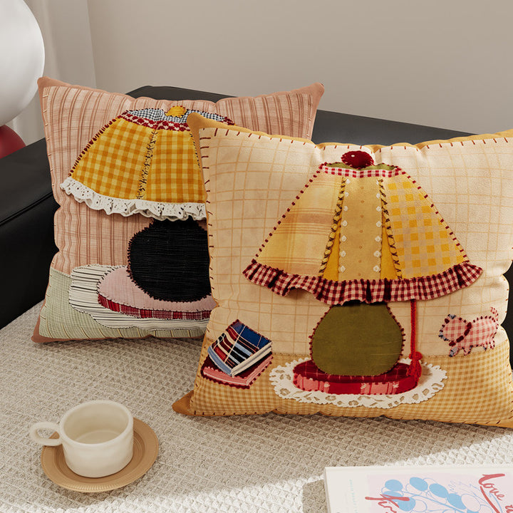 Decorative Gingham Embroidered Pear Appliqué Throw Pillow Cover