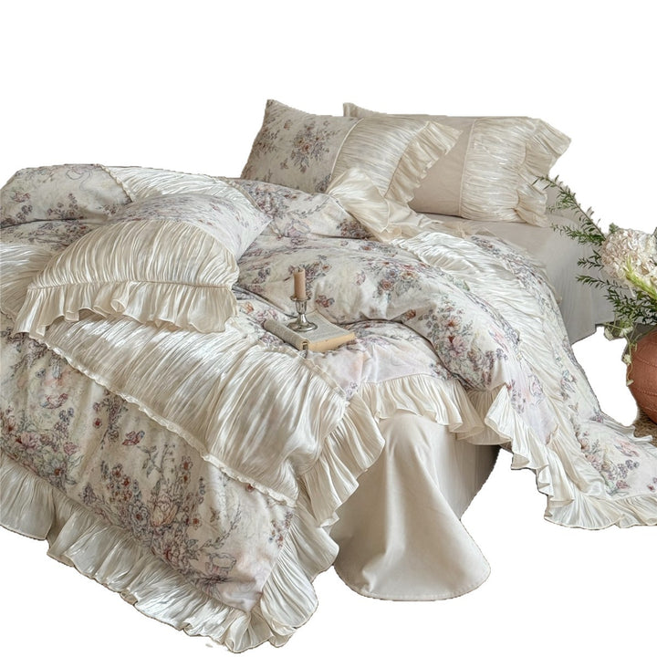 Vintage Botanische Steppdecke Set mit Falten Satin Rüsche & Euro Kissenbezüge