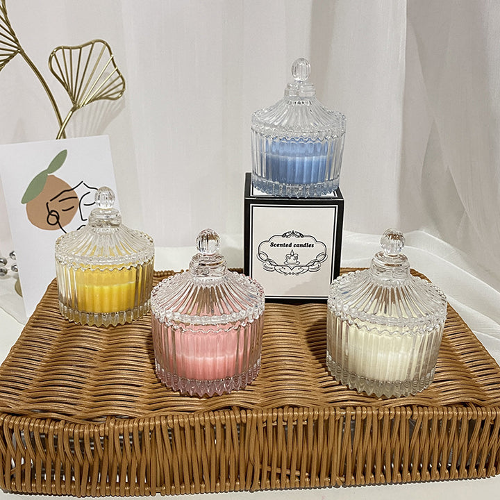 Rippenglas Vintage-Style Glasbehälter Duftsojakerze mit dekorativem Deckel