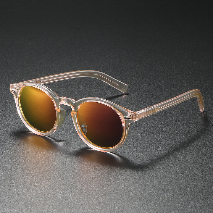 Damen Rund-Sonnenbrille mit transparentem Rahmen und reflektierenden Gläsern Karnz