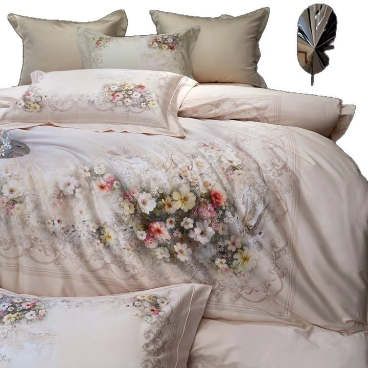 Luxuriöses Floral-Mikrofaser-Satin-Bettbezug-Set mit wendbaren dekorativen Kissenbezügen