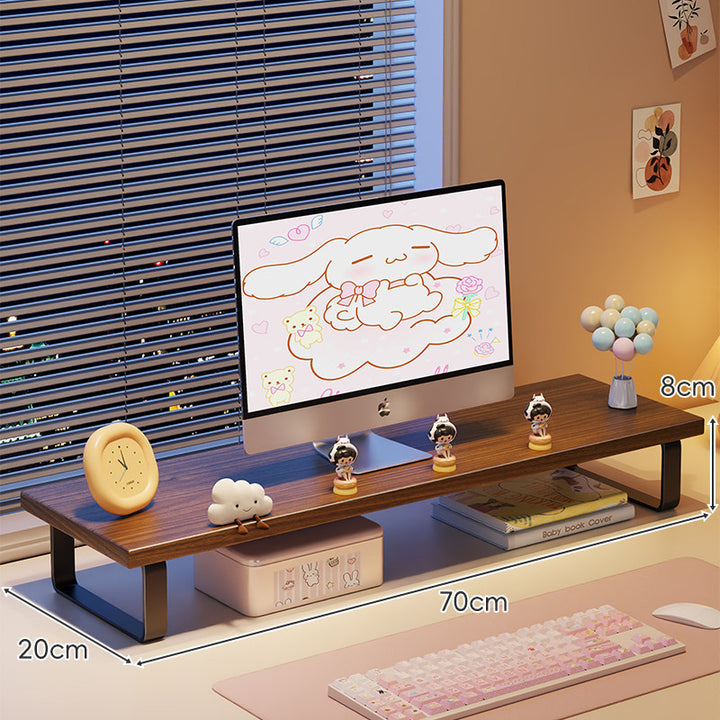Kompakte Holz-Desktop-Monitorerhöhung mit Metallbeinen und unterer Ablagefläche