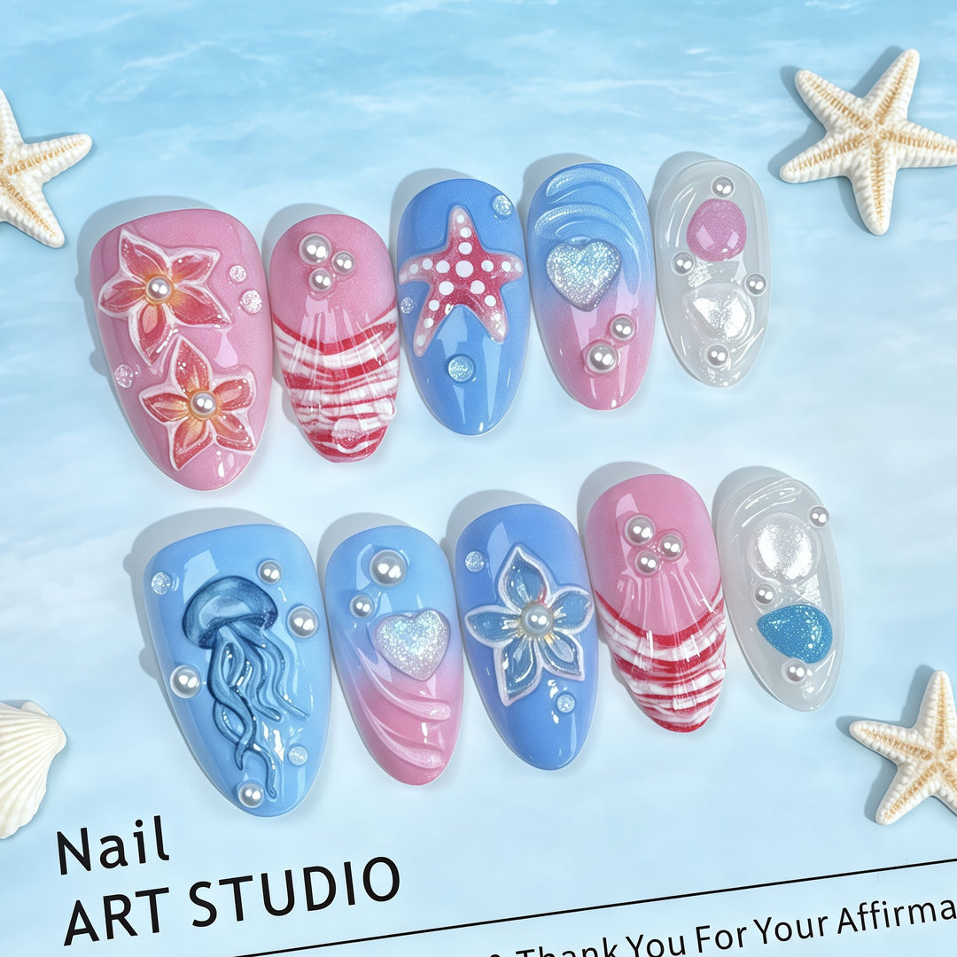 Künstlerisch vom Ozean inspiriertes Press-On-Nagelset
