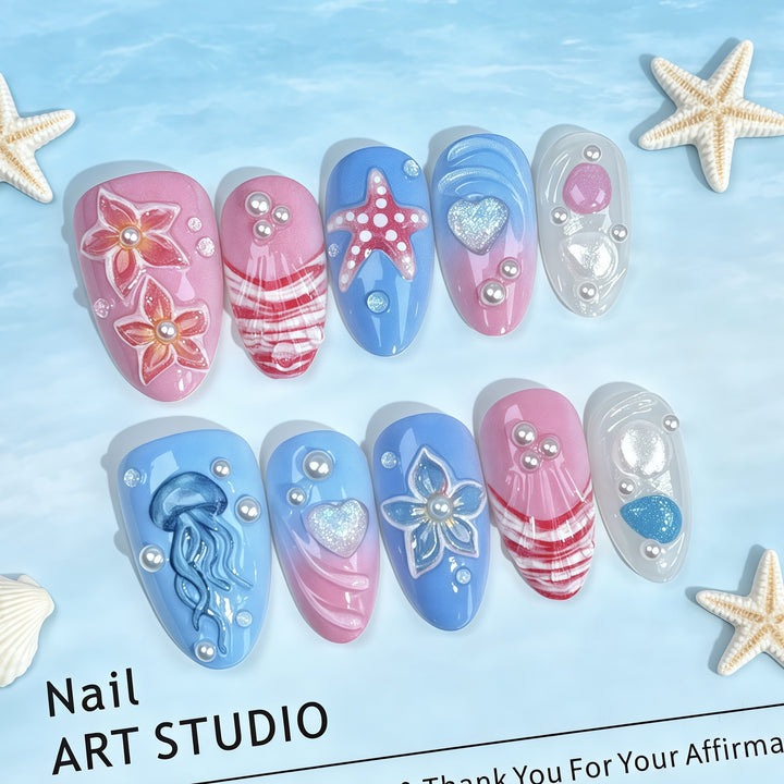 Künstlerisch vom Ozean inspiriertes Press-On-Nagelset