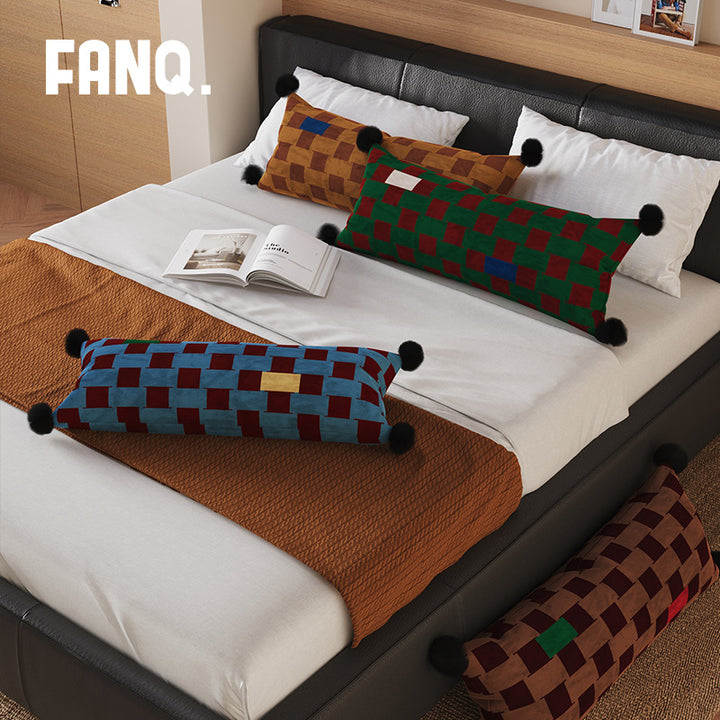Decorative Long Lumbar Velvet Pillow with Checkerboard Jacquard, Pom-Pom Corners and Patchwork Accents